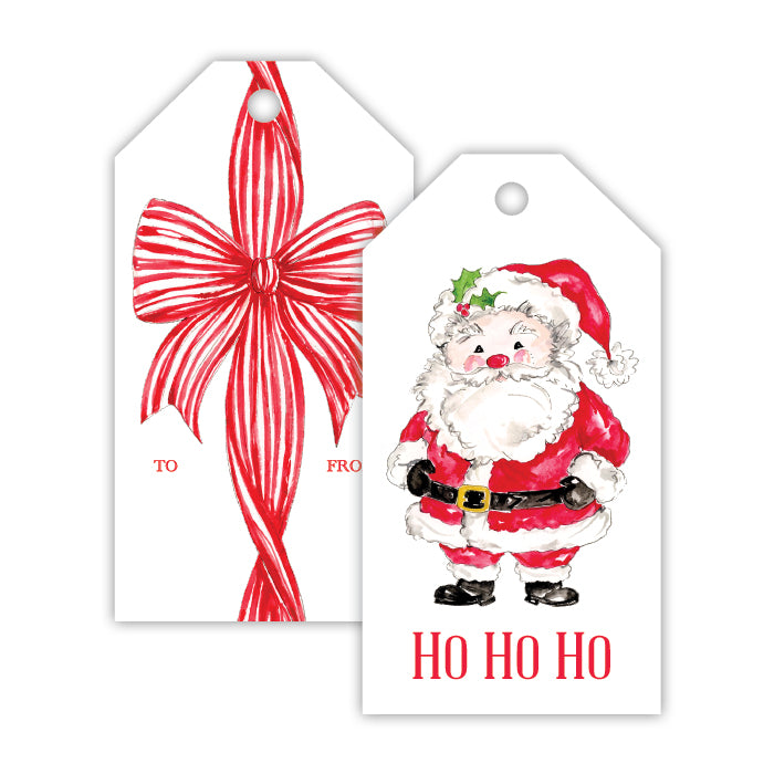 Gift Tag | Red Suit Santa + Red Stripe Bow