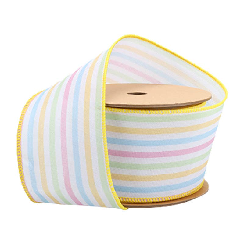 Wired Ribbon | White w/ Pastel Stripe