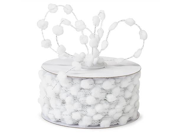 Wired Pom Pom Cord Ribbon | White