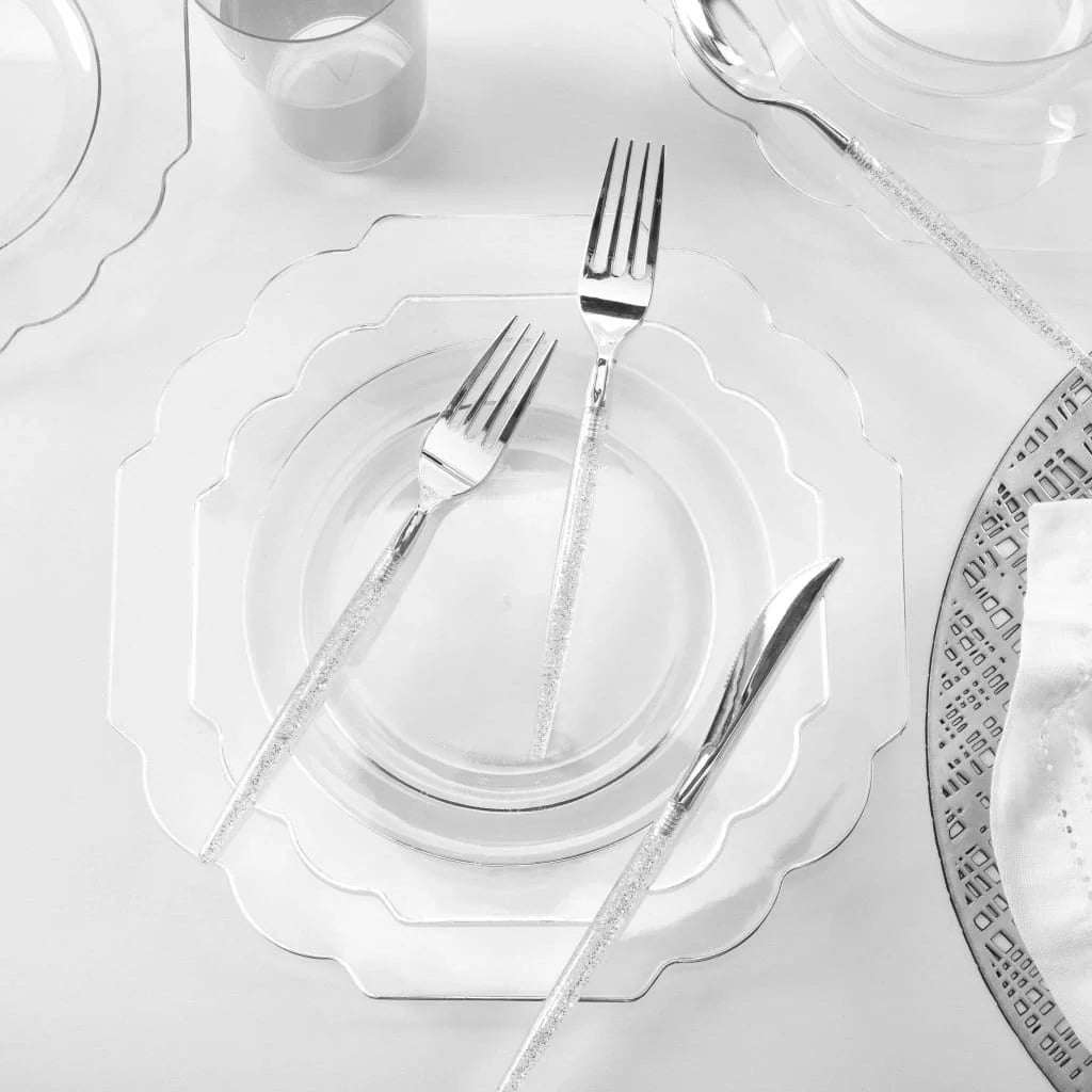 Scalloped Clear & Silver Dinner Plates