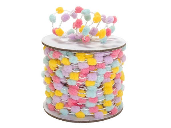 Wired Pom Pom Cord Ribbon: Pink,Lavender,Yellow and Blue