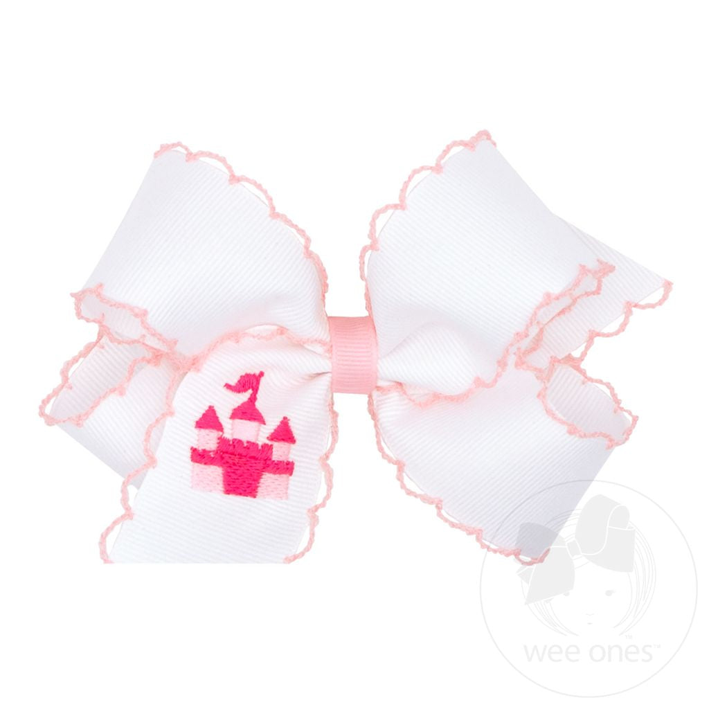 Medium Grosgrain Hair Bow with Pink Moonstitch Edge and Castle Embroidery