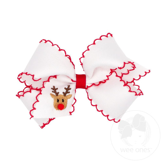 Medium Grosgrain Hair bow with Moonstitch Edge and Reindeer Holiday-themed Embroidery