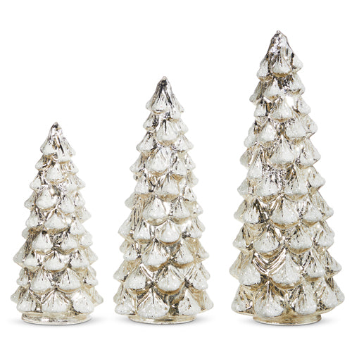 Snowy Silver Mercury Glass Lighted Trees | Set of 3