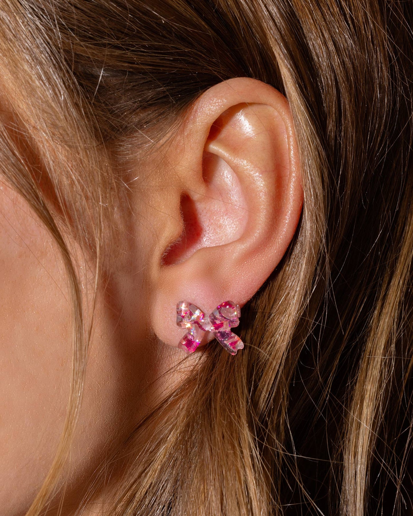 Acrylic Ribbon Bow Earrings | Pink + Silver Confetti