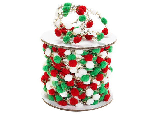 Wired Pom Pom Cord Ribbon: White,Red and Green | 25 yards