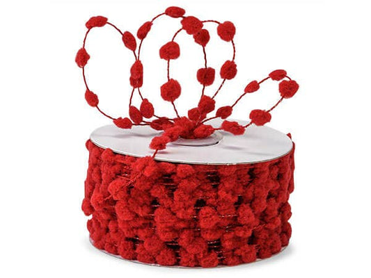Wired Pom Pom Cord Ribbon: Red |25 yards