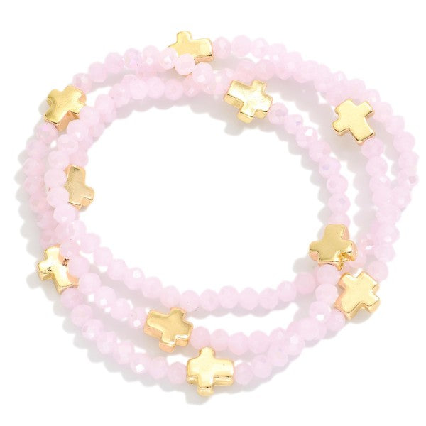 Pink Beaded Cross Bracelet Stack