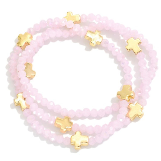 Pink Beaded Cross Bracelet Stack