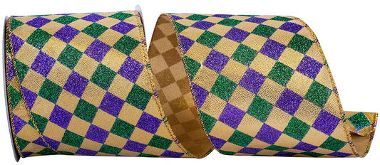 Mardi Gras Diamond Glitter Metallic Wired Ribbon