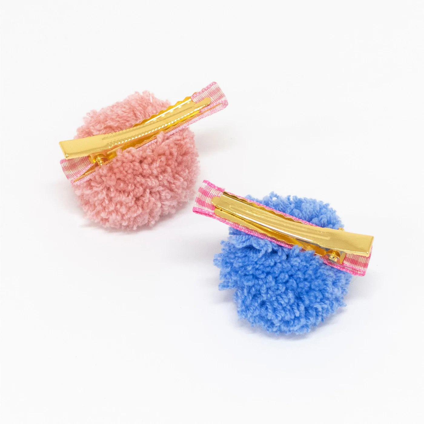 Gingham & Big Pompom Hair Clips