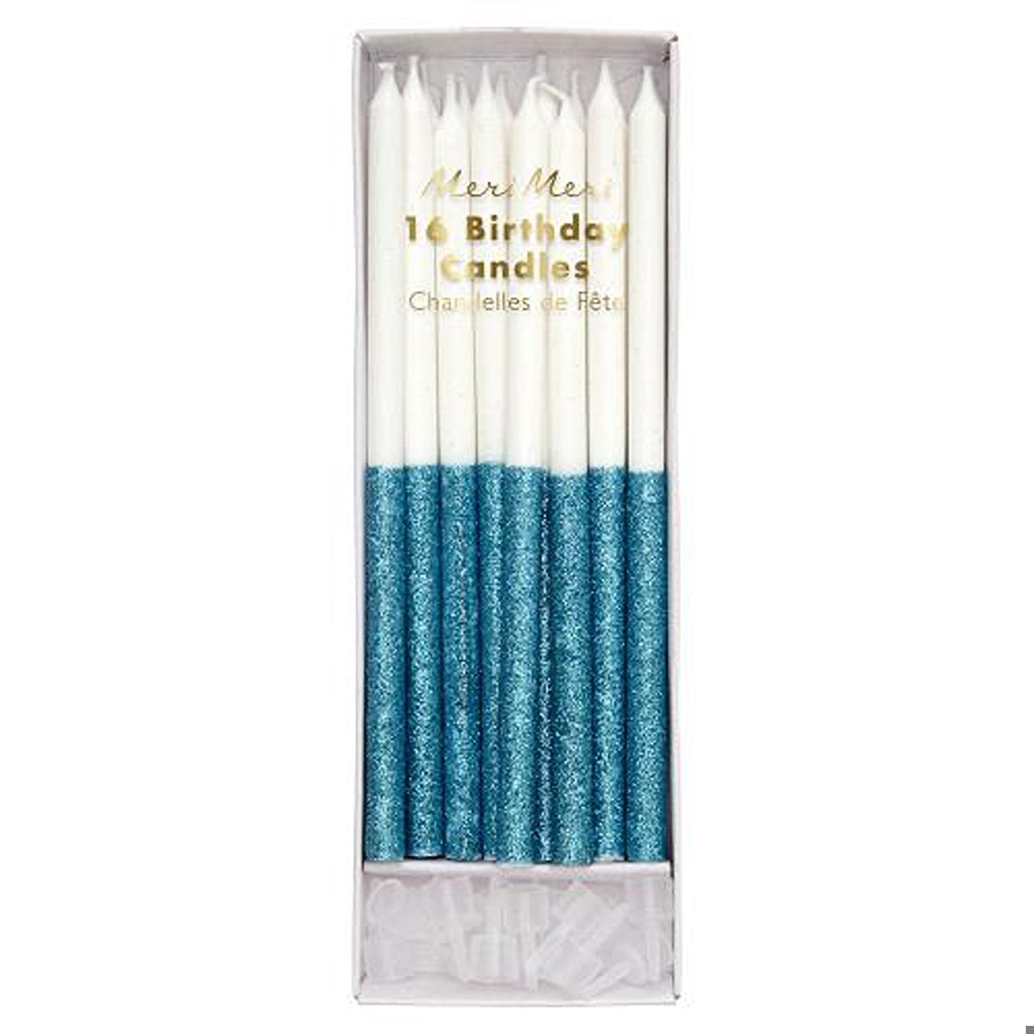 Blue Glitter Dipped Candles (x 16)