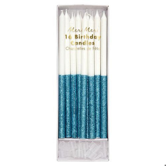 Blue Glitter Dipped Candles (x 16)