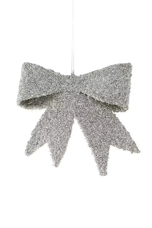 Glass Glitter Bow Ornament | Large Silver